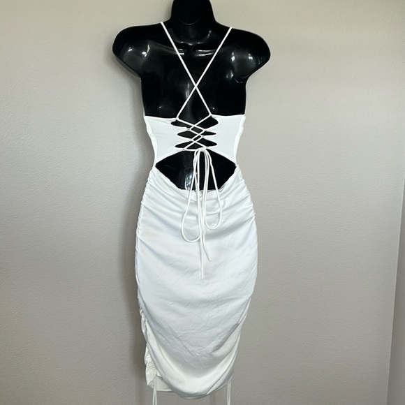 Princess Polly Maeve White Square Neck Ruched Side Tie Lace Back Cut Out Dress - Picture 9 of 13